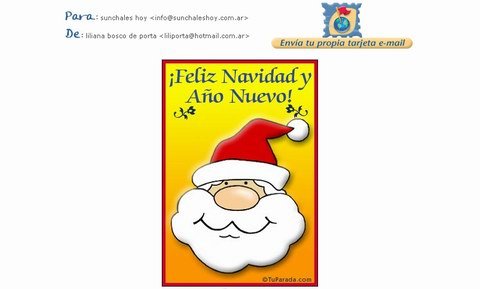 Un sincero deseo de muy felices fiestas a todo el staff de sunchales hoy... y que el nuevo año que se avecina renueve las esperanzas y los deseos de seguir trabajando... Liliana Porta.