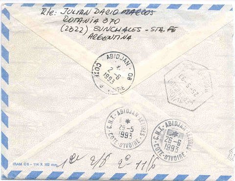 Reverso de la carta que estuvo en Costa de Marfil (Julián Marcos).
