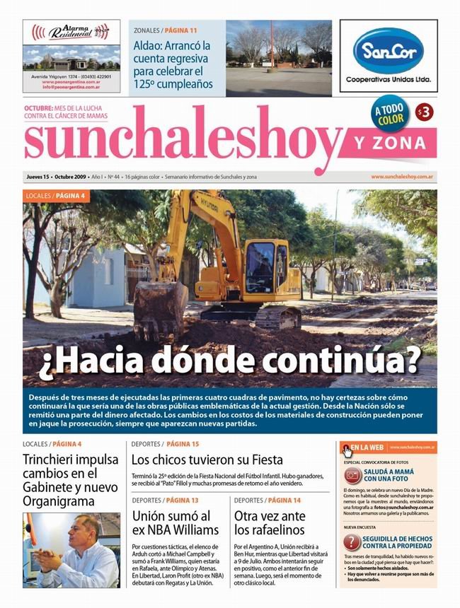 Tapa de la edición Nº 44. Otra semana más, sunchaleshoy y zona, reflejando las noticias de la ciudad y región.
