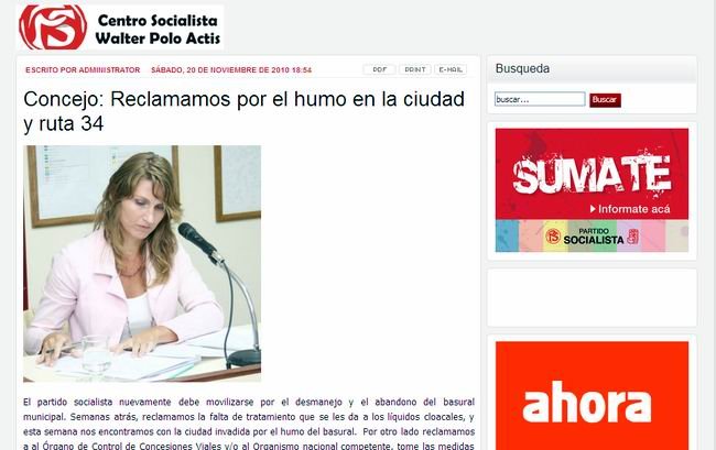 Impresión de pantalla del comunicado remitido, en este caso, publicado en la web del Socialismo Sunchalense.