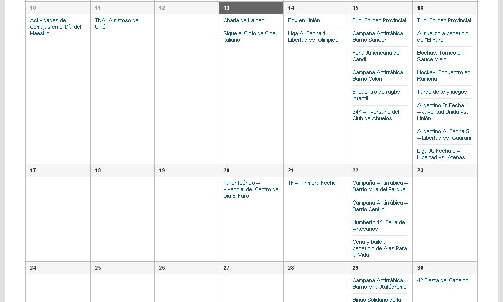 La grilla de Eventos que se ofrece en la sección especial (clic para ampliar).