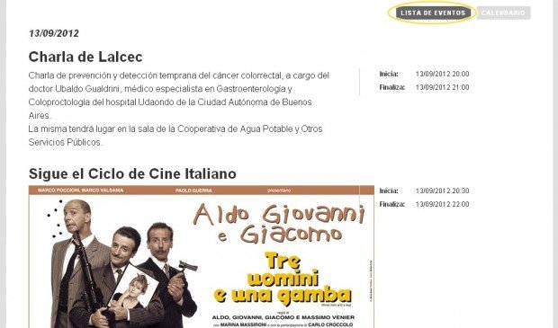 La opción de Eventos listados cronológicamente - La elección se efectúa arriba, a la derecha -ver resaltado- (clic para ampliar).