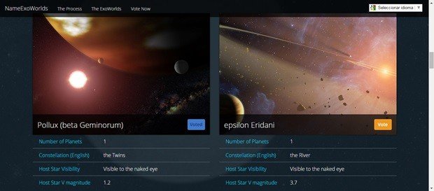Captura de la página que define los nombres para los exoplanetas. A la izquierda, la opción sunchalense.