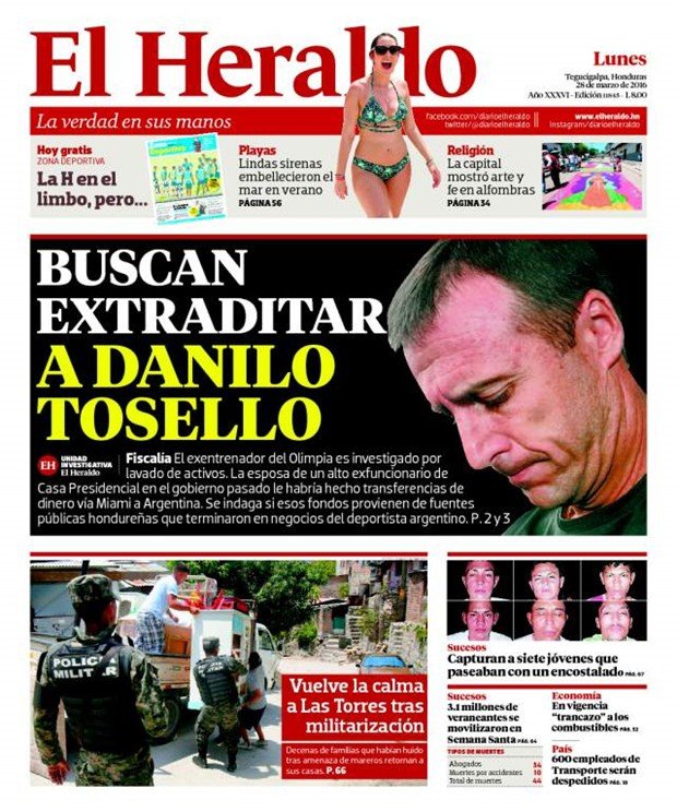 Portada de la edición de papel de hoy de El Heraldo de Honduras.