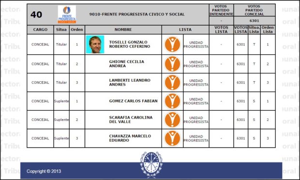 La lista encabezada por Toselli, en las elecciones 2013.
